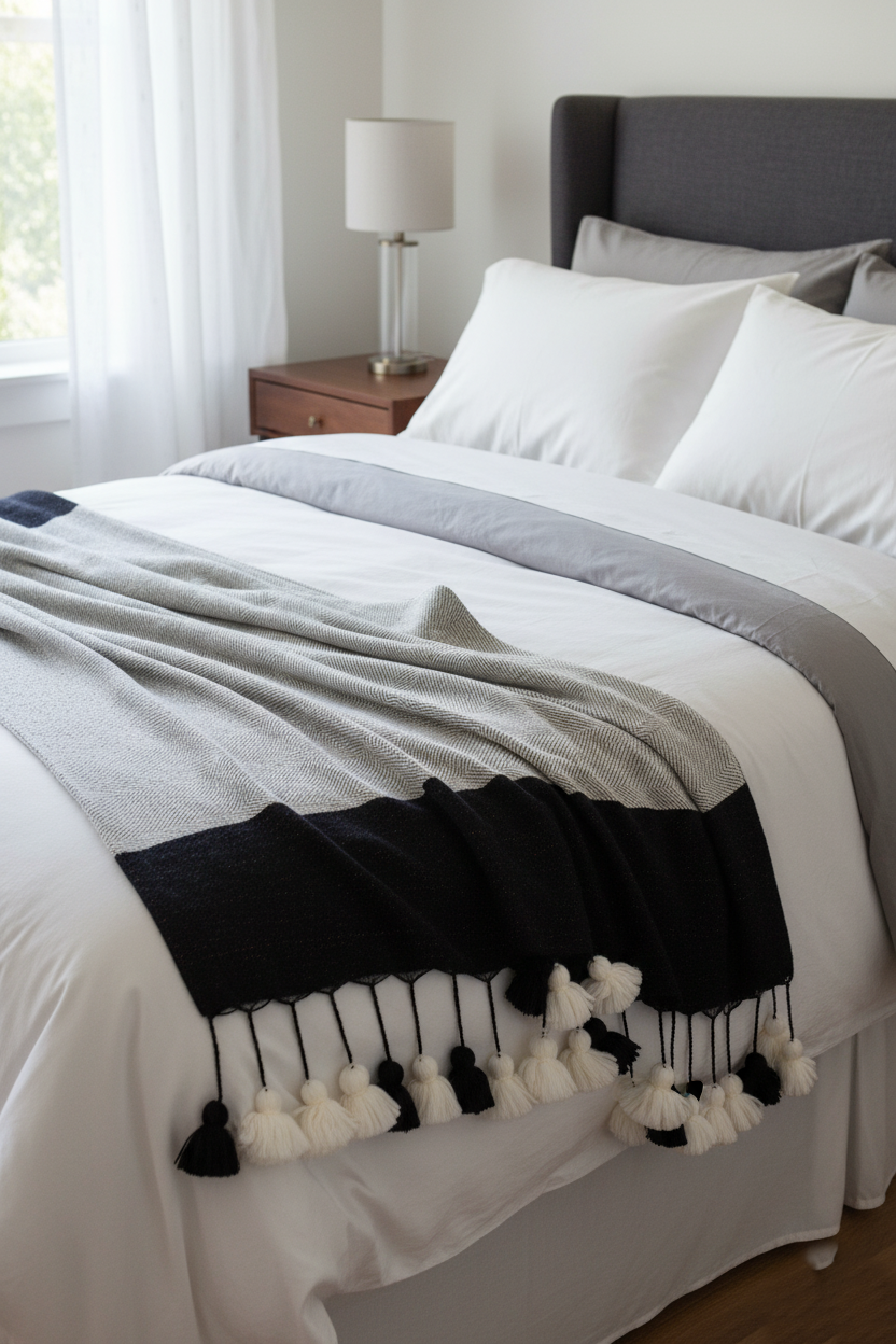 Moroccan Pompom Blanket Pom Pom Throw Bed Runner Sofa Cover Wool Hand Loomed Stripy White and Black 256 x 151 cm / 100.7 x 59.4 inch