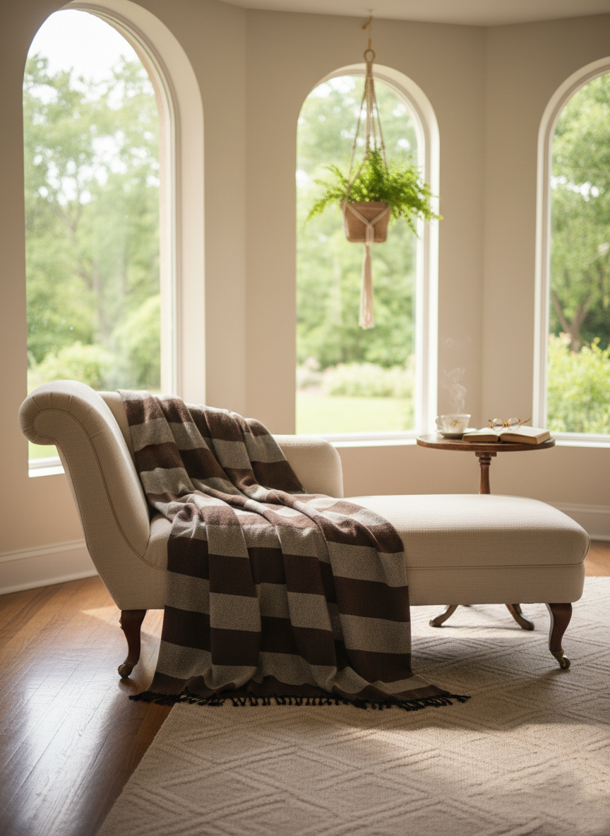Moroccan Wool Blanket Throw Bed Runner Sofa Cover with Tassels Hand Loomed Stripy Taupe and White 263 x 152 cm / 103.5 x 60.2 inches