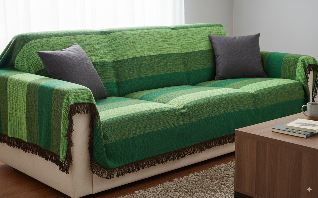 Moroccan Throw Bedspread Sofa Cover Green Handwoven Wool Sabra Silk 270 cm x 170 cm