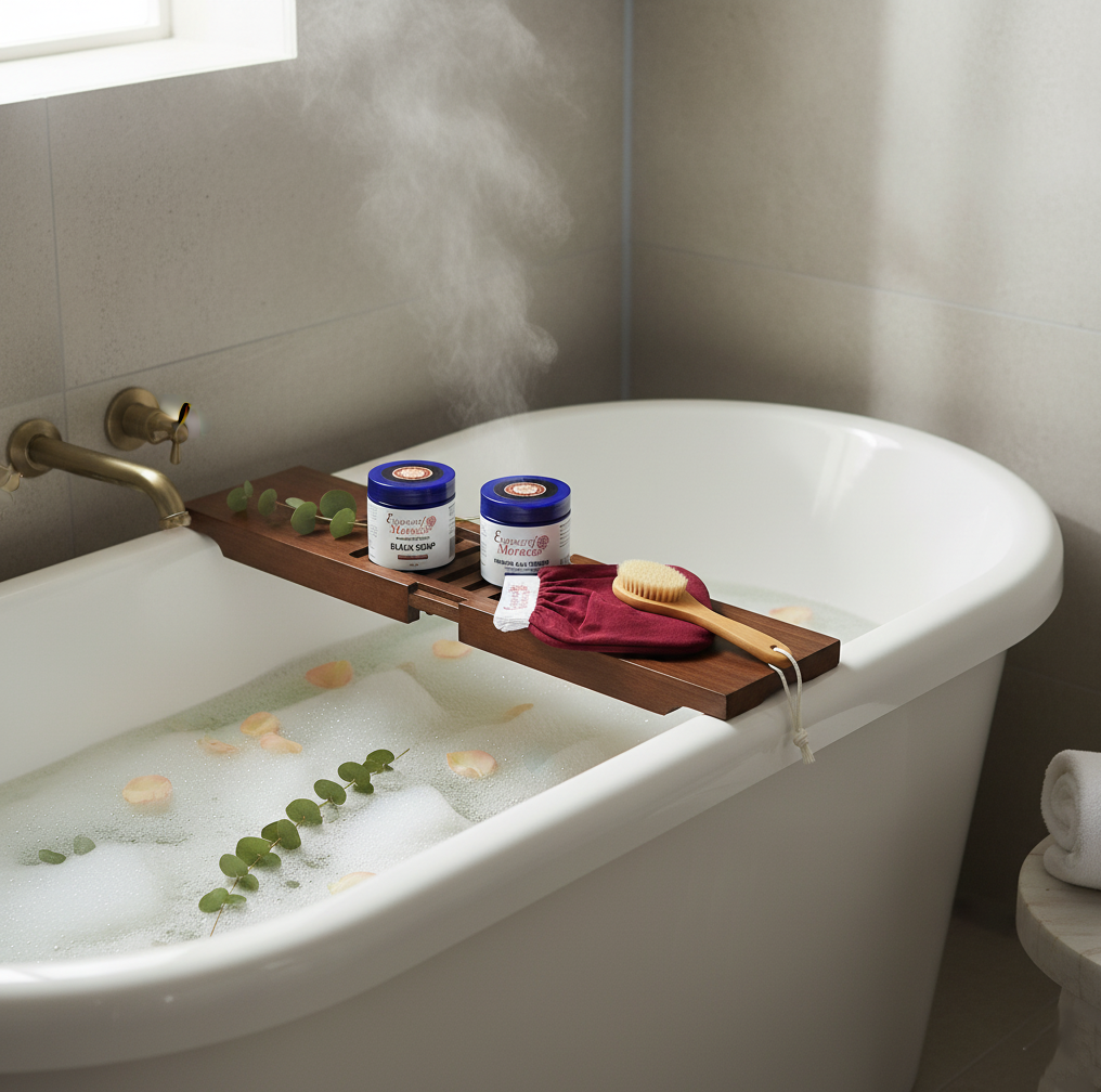 Moroccan Hammam Gift Set: Exfoliating Kessa Glove, Beldi Black Soap, Rhassoul Clay Powder