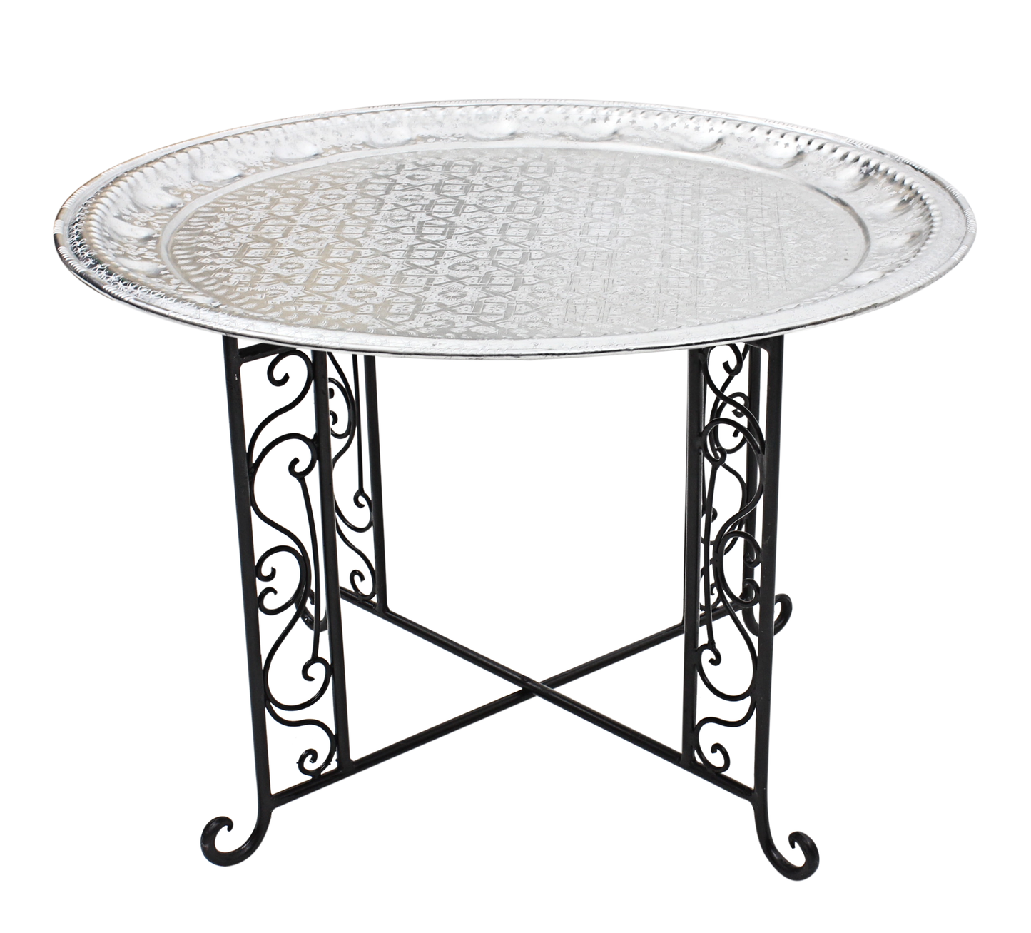 Moroccan Aluminium Tray Table with Foldable Wrought Iron Legs Diameter 75 cm. 29.5 inches Handmade Hand Engraved in Morocco ( ALT17WI)