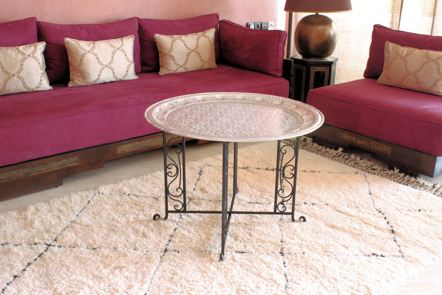 Moroccan Aluminium Tray Table with Foldable Wrought Iron Legs Diameter 75 cm. 29.5 inches Handmade Hand Engraved in Morocco ( ALT17WI)