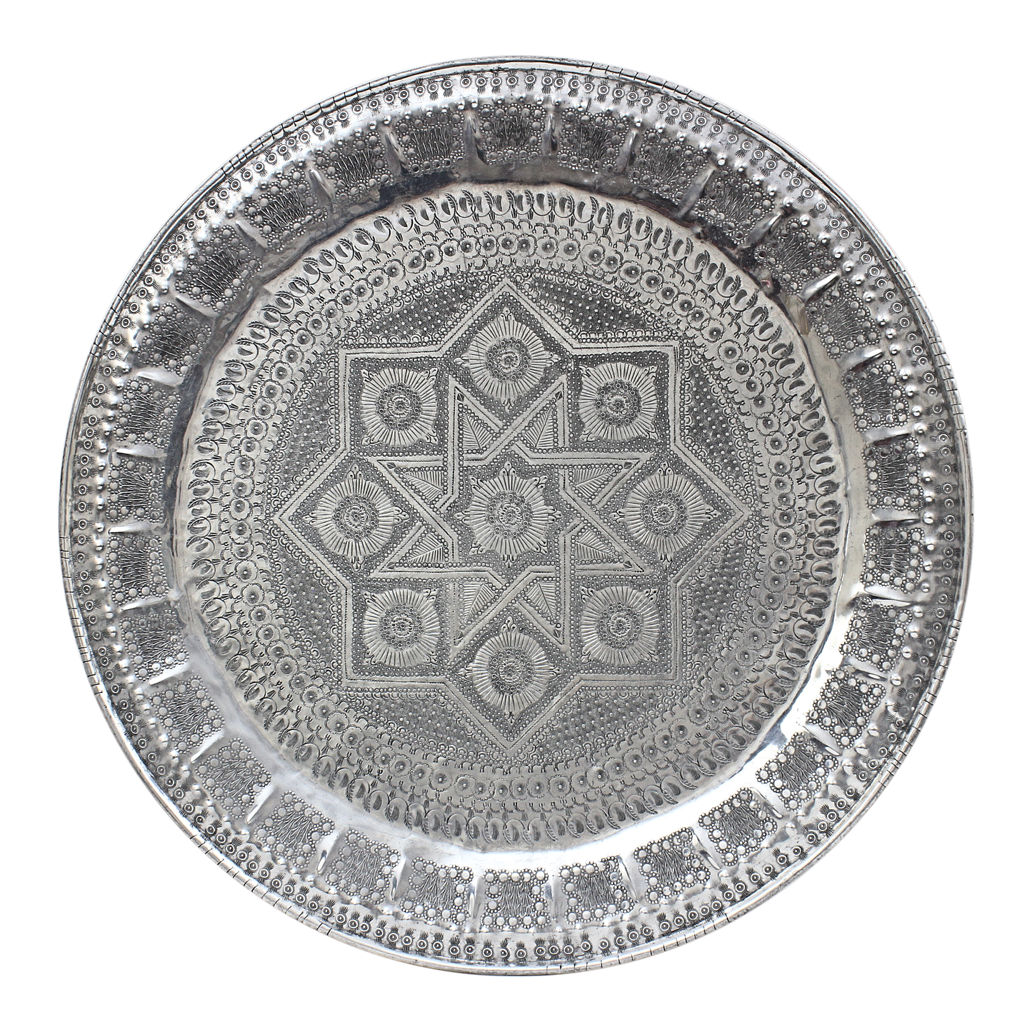 Moroccan Vintage Aluminium Tray or Table with Cedar Wood Legs Moucharaby Style. Handmade Hand Engraved Diameter 76cm. / 30 inches( ALT22)