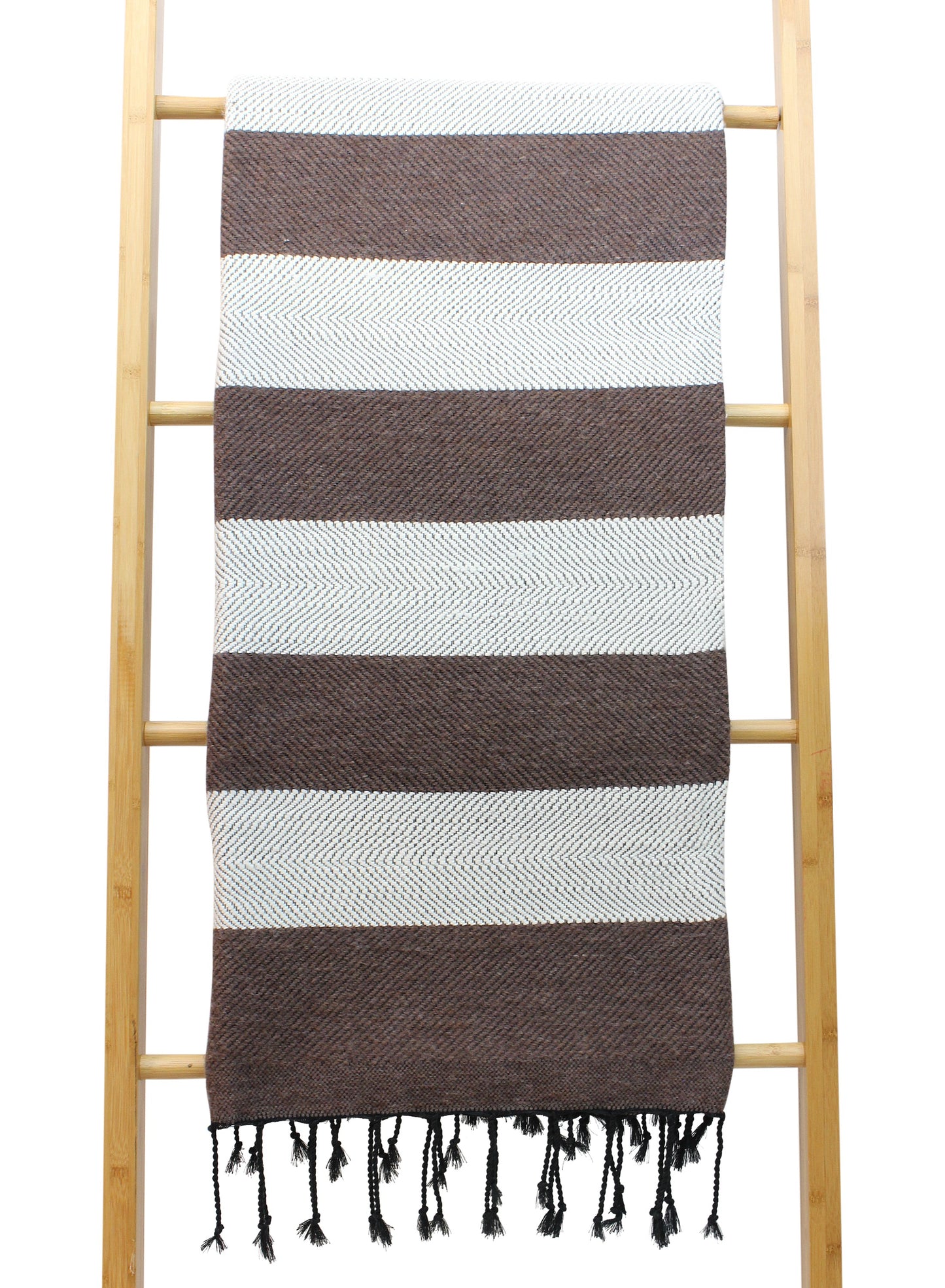 Moroccan Wool Blanket Throw Bed Runner Sofa Cover with Tassels Hand Loomed Stripy Taupe and White 263 x 152 cm / 103.5 x 60.2 inches