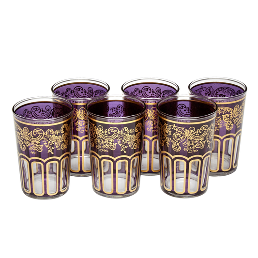 Moroccan Tea Glasses Purple & Gold Beautiful Classical Design Hand Painted Decorated (Pack of 6)