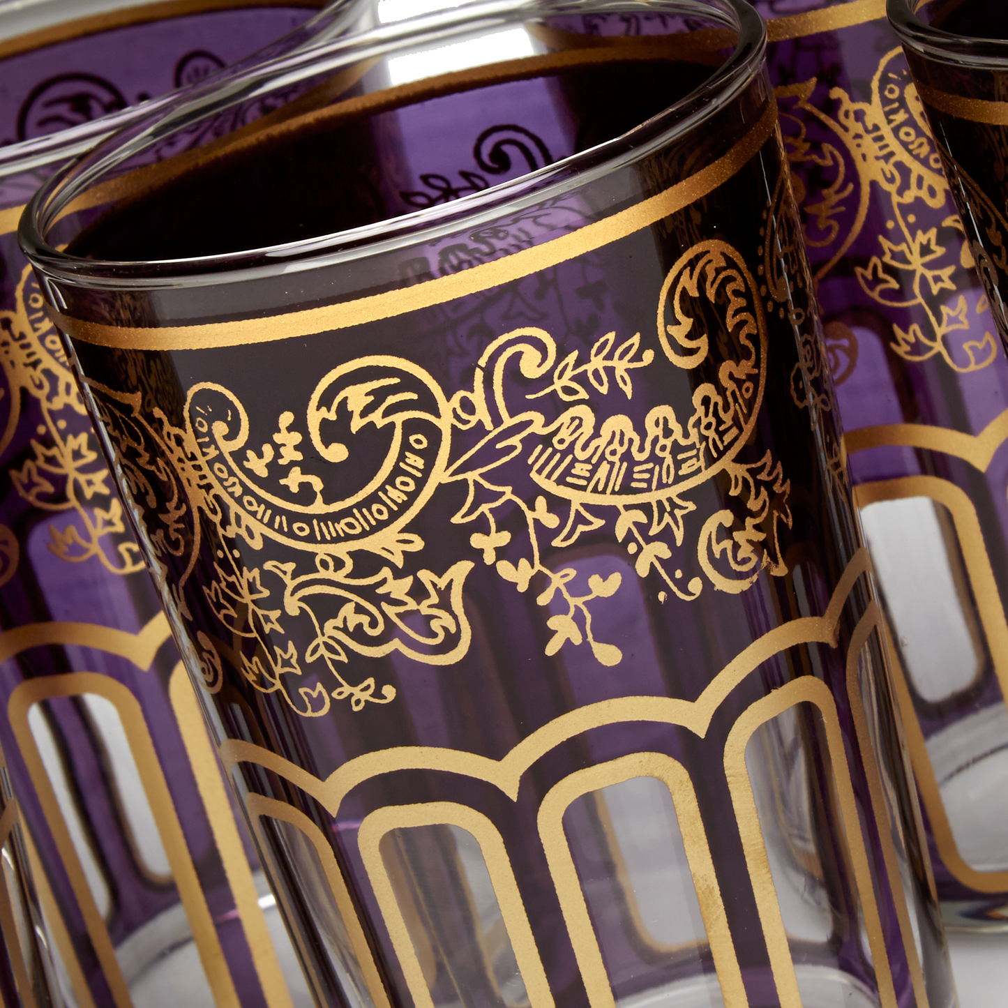 Moroccan Tea Glasses Purple & Gold Beautiful Classical Design Hand Painted Decorated (Pack of 6)