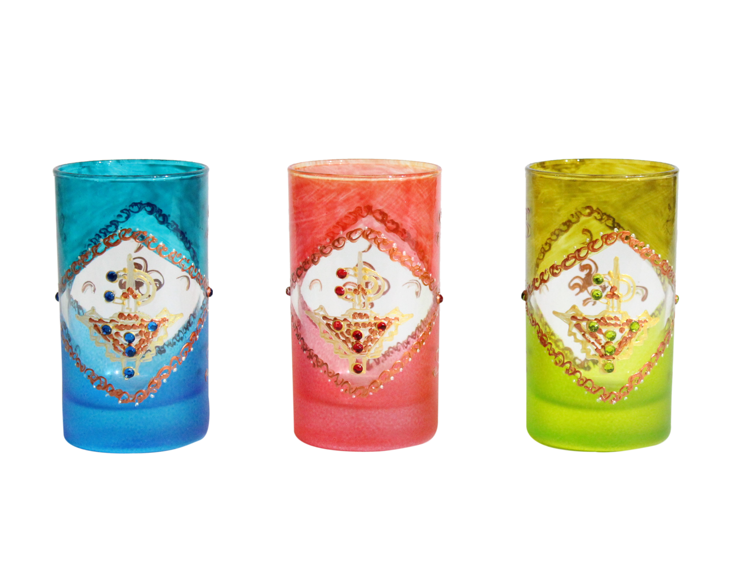 Moroccan Tea glasses Multicoloured Gold Hand Decorated Hand Painted with an Embossed Berber Fibula Design with beads Set of 6 (Ref. TG1)