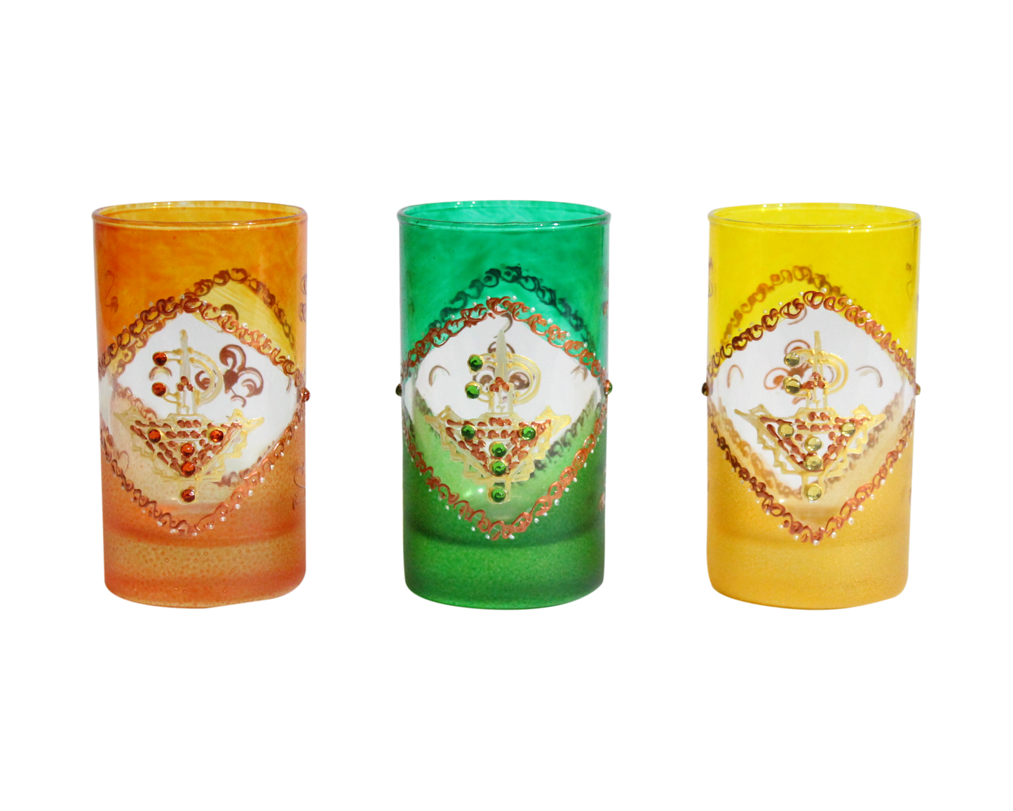 Moroccan Tea glasses Multicoloured Gold Hand Decorated Hand Painted with an Embossed Berber Fibula Design with beads Set of 6 (Ref. TG1)