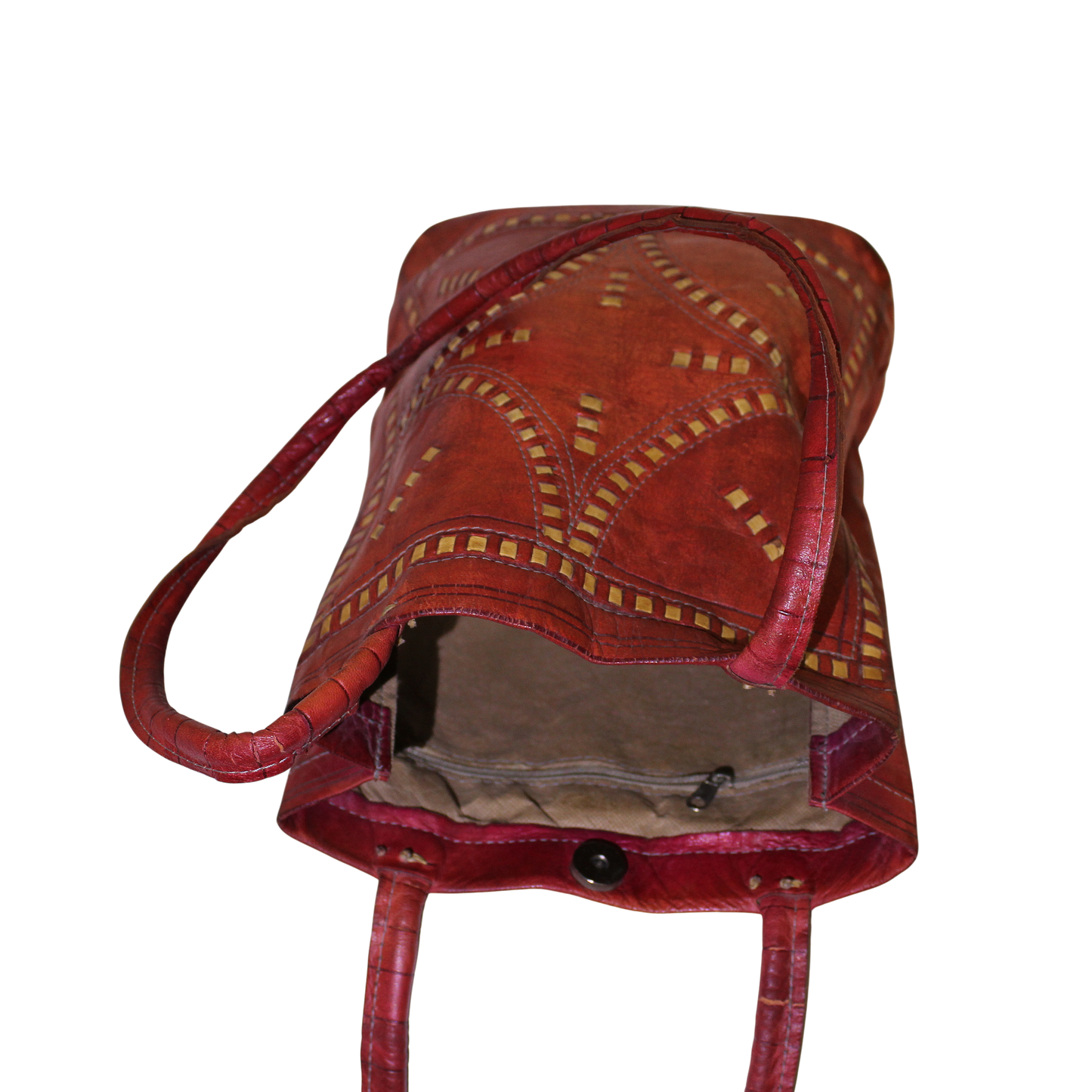 Moroccan Tote Bag Vintage Real Leather Boho Bag Handmade Rich Tan with Interlaced Motifs Unused (VLB1)
