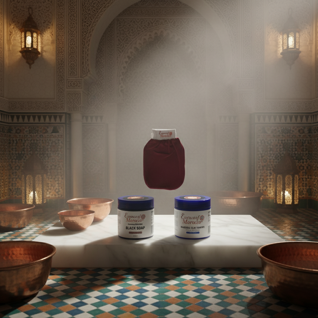Moroccan Hammam Gift Set: Exfoliating Kessa Glove, Beldi Black Soap, Rhassoul Clay Powder