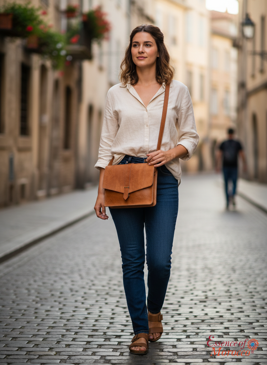 Moroccan Leather Bag Crossbody Satchel, Vintage Natural Tan Real Morocco Leather Shoulder Bag, Handmade Adjustable Strap (MLB1)