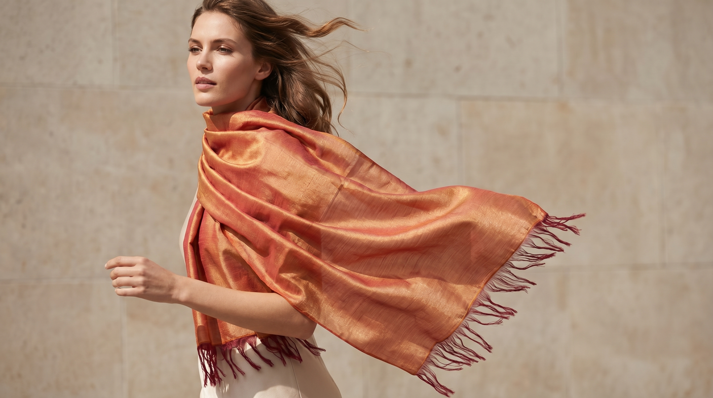 Sabra Silk Scarf – Handwoven Moroccan Shawl with Fringe – Lightweight Luxury Wrap – Coral Gold – 180x60 cm