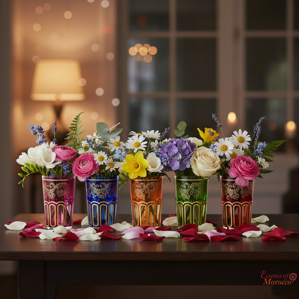 Moroccan Tea Glasses Multicoloured & Gold Beautiful Classical Design Hand Painted (Pack of 6)