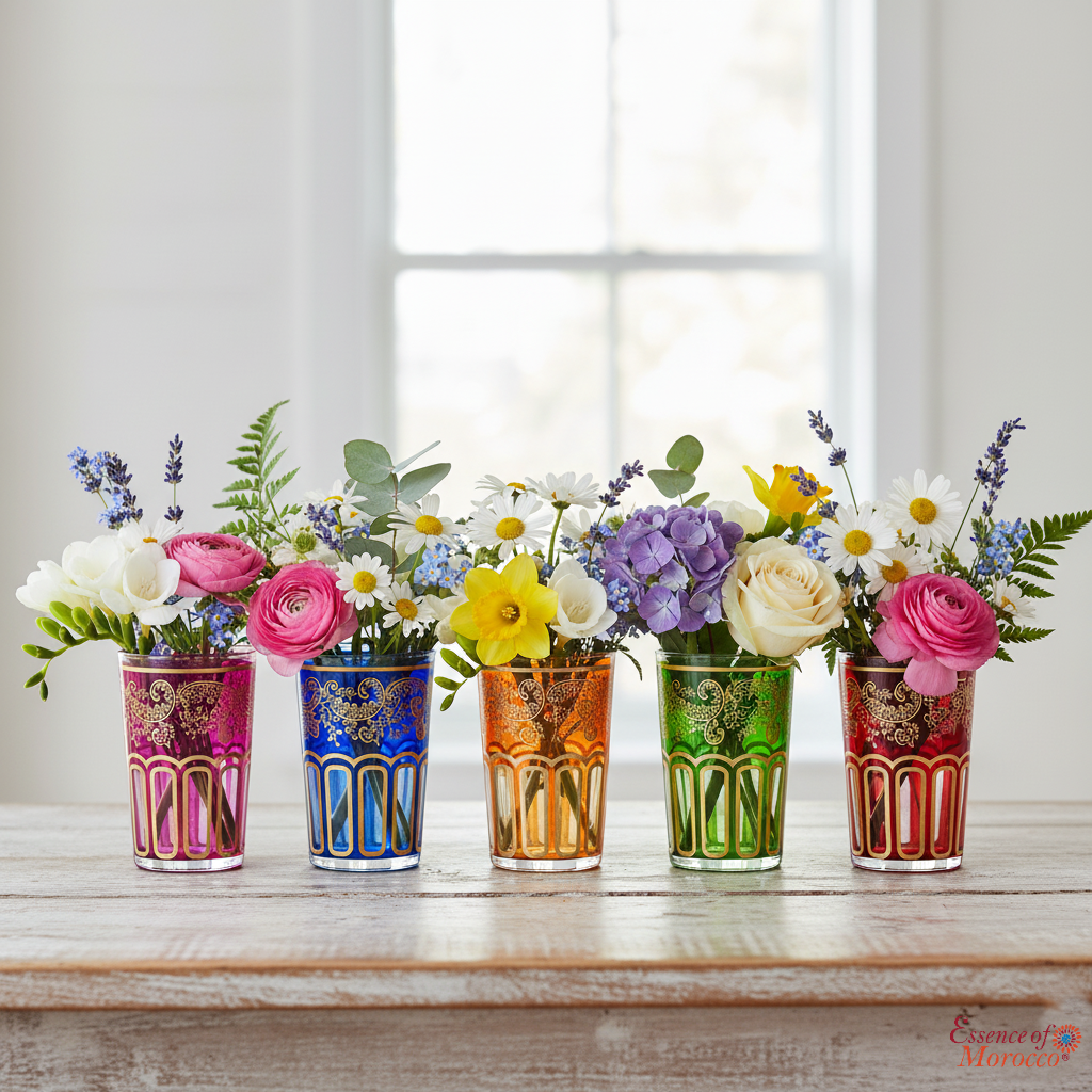 Moroccan Tea Glasses Multicoloured & Gold Beautiful Classical Design Hand Painted (Pack of 6)