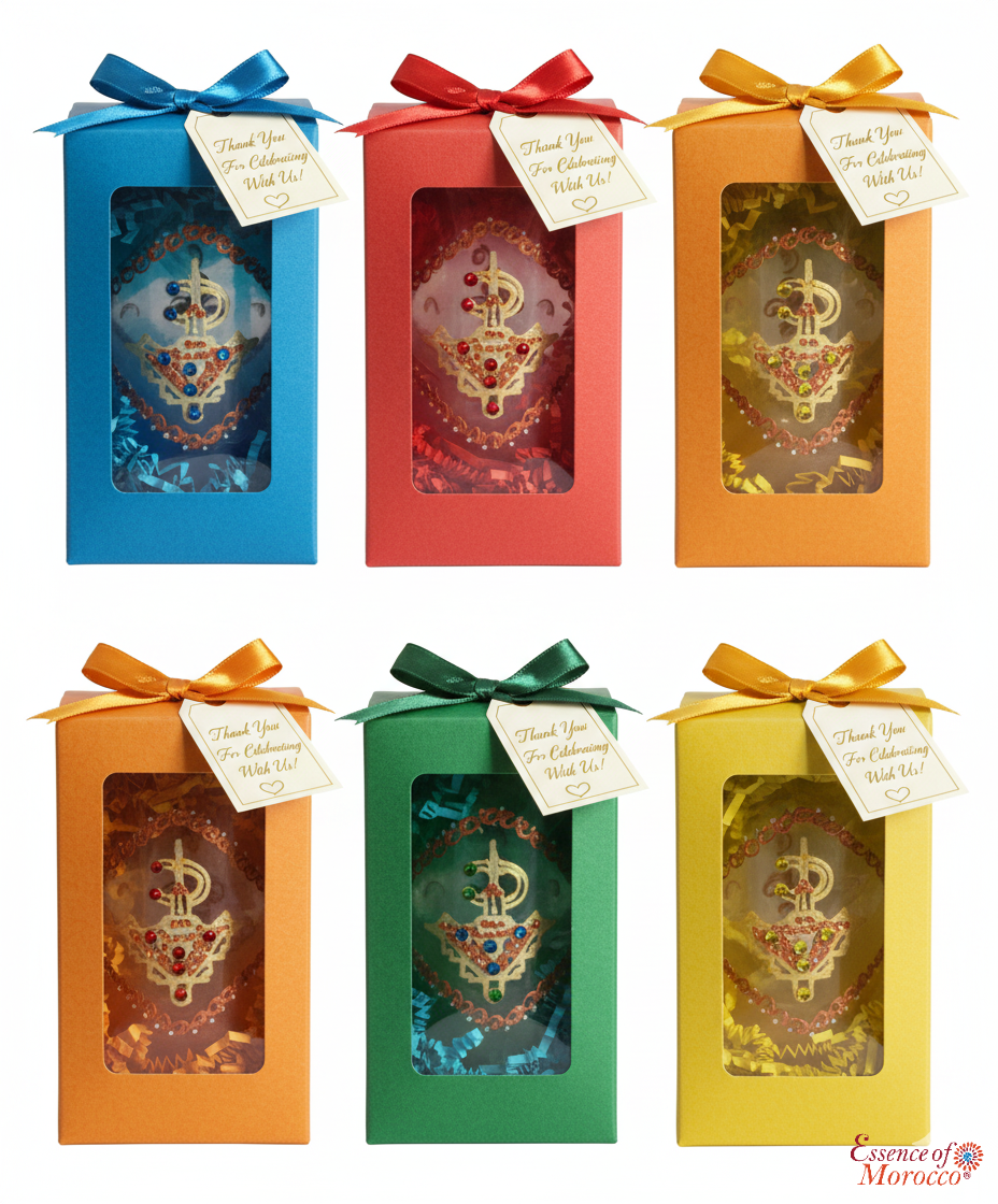 Moroccan Tea glasses Multicoloured Gold Hand Decorated Hand Painted with an Embossed Berber Fibula Design with beads Set of 6 (Ref. TG1)