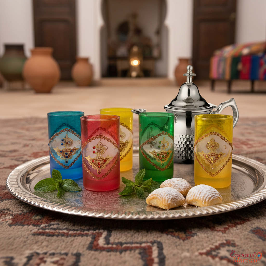 Moroccan Tea glasses Multicoloured Gold Hand Decorated Hand Painted with an Embossed Berber Fibula Design with beads Set of 6 (Ref. TG1)