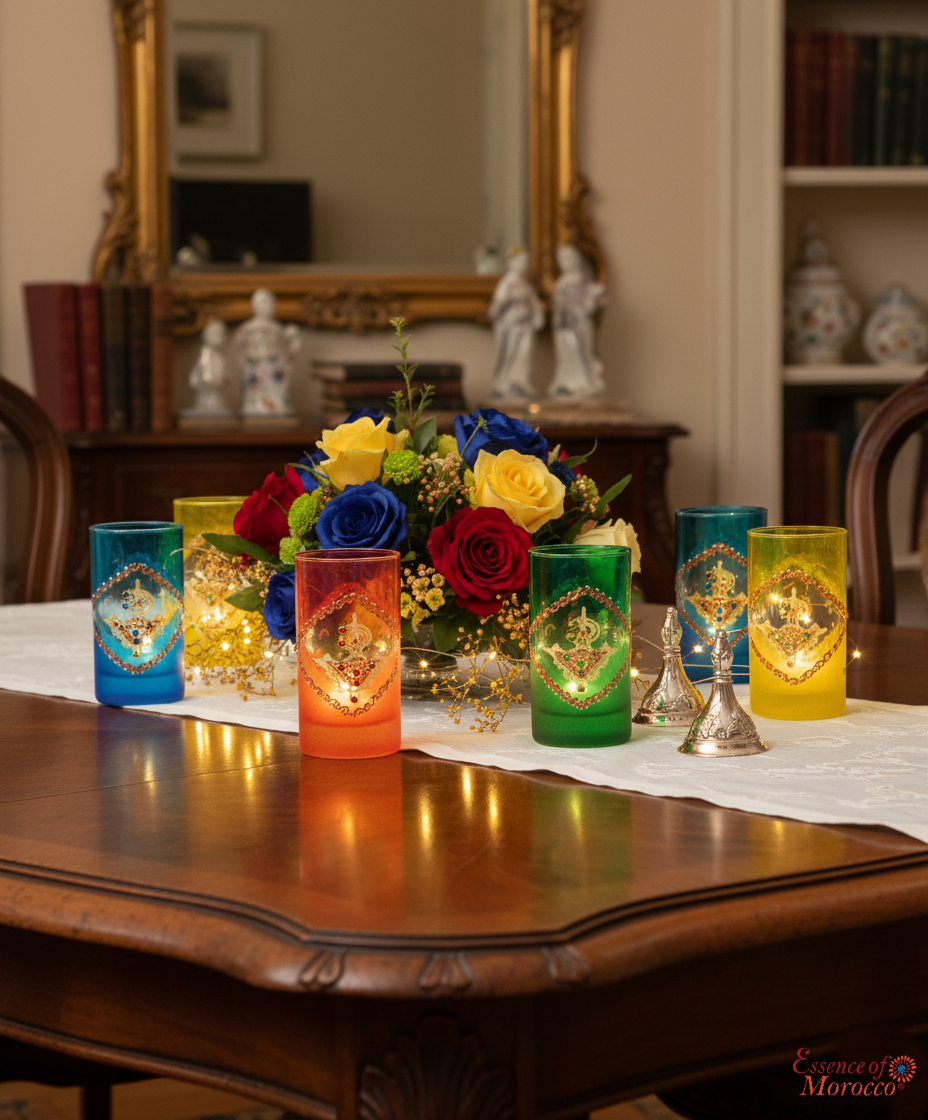 Moroccan Tea glasses Multicoloured Gold Hand Decorated Hand Painted with an Embossed Berber Fibula Design with beads Set of 6 (Ref. TG1)