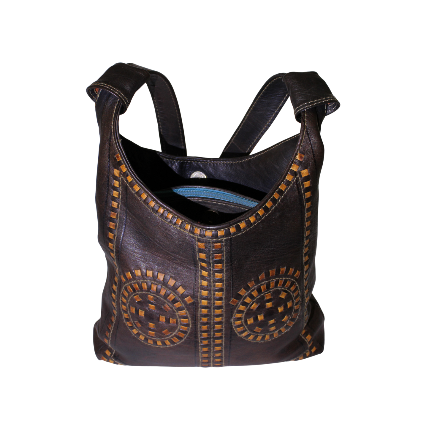 Moroccan Handbag Bag Vintage Real Leather Boho Shoulder Bag Handmade Brown Tan with Interlaced Motifs Unused (VLB4)