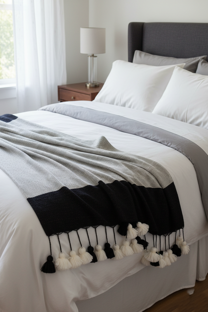 Moroccan Pompom Blanket Pom Pom Throw Bed Runner Sofa Cover Wool Hand Loomed Stripy White and Black 256 x 151 cm / 100.7 x 59.4 inch