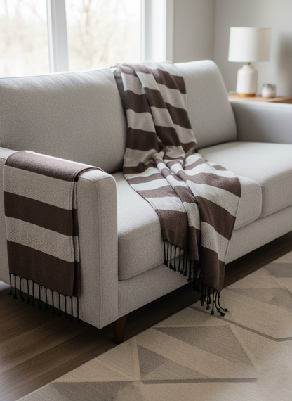 Moroccan Wool Blanket Throw Bed Runner Sofa Cover with Tassels Hand Loomed Stripy Taupe and White 263 x 152 cm / 103.5 x 60.2 inches