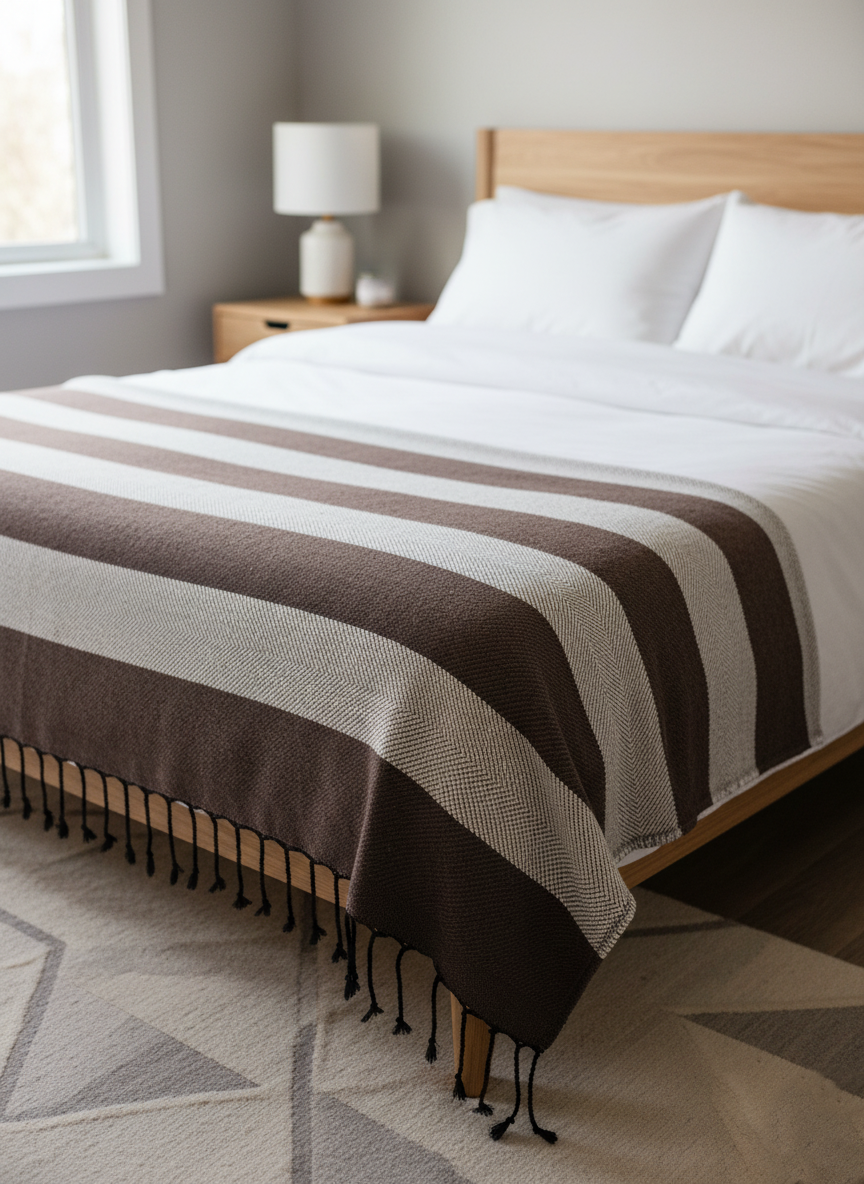 Moroccan Wool Blanket Throw Bed Runner Sofa Cover with Tassels Hand Loomed Stripy Taupe and White 263 x 152 cm / 103.5 x 60.2 inches