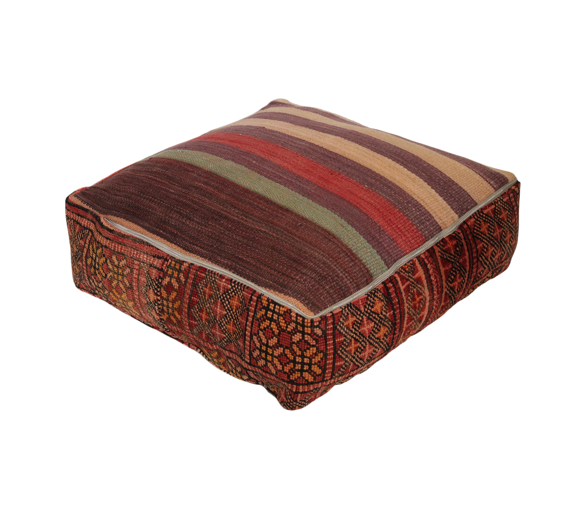 Back view of vintage Moroccan kilim pouf deep red tribal with zipper closure 