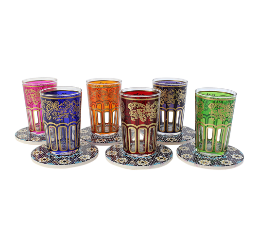 6 Moroccan Tea Glasses Multicoloured with 6 Ceramic Mosaic Coasters Beautiful Classical Design (MTC1)