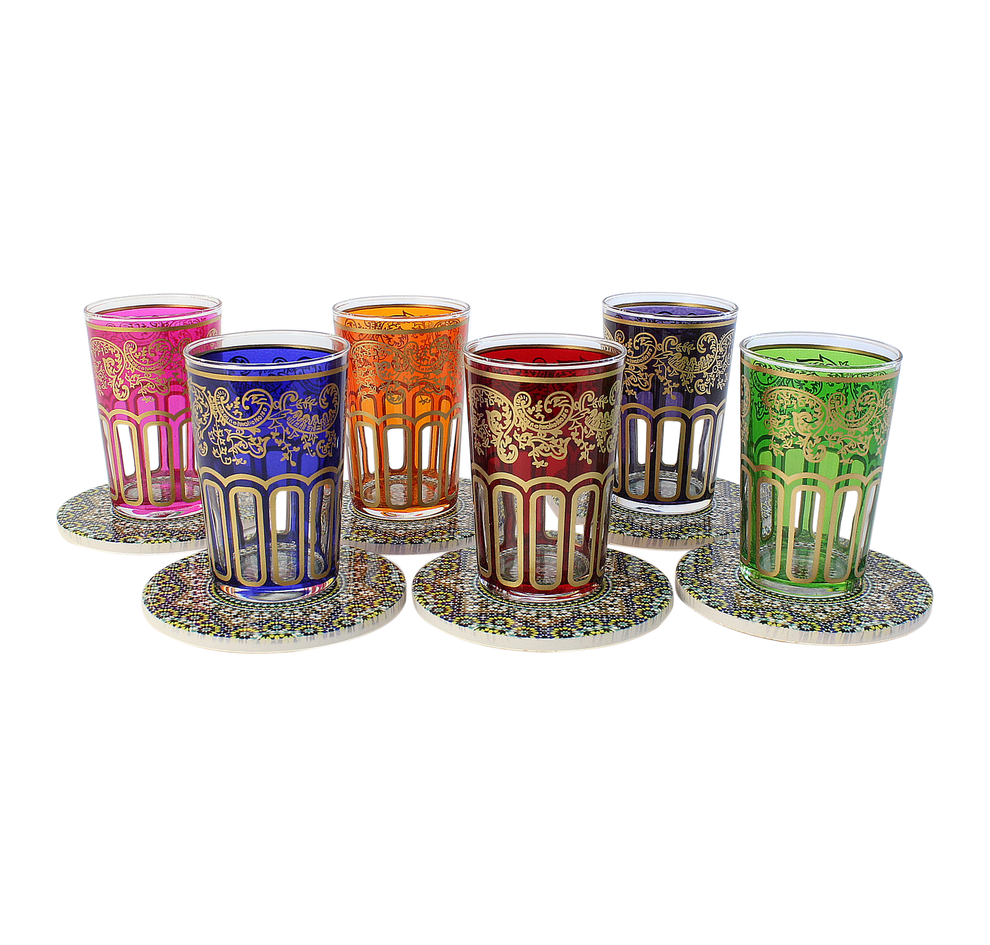 6 Moroccan Tea Glasses Multicoloured with 6 Ceramic Mosaic Coasters Beautiful Classical Design (MTC2)