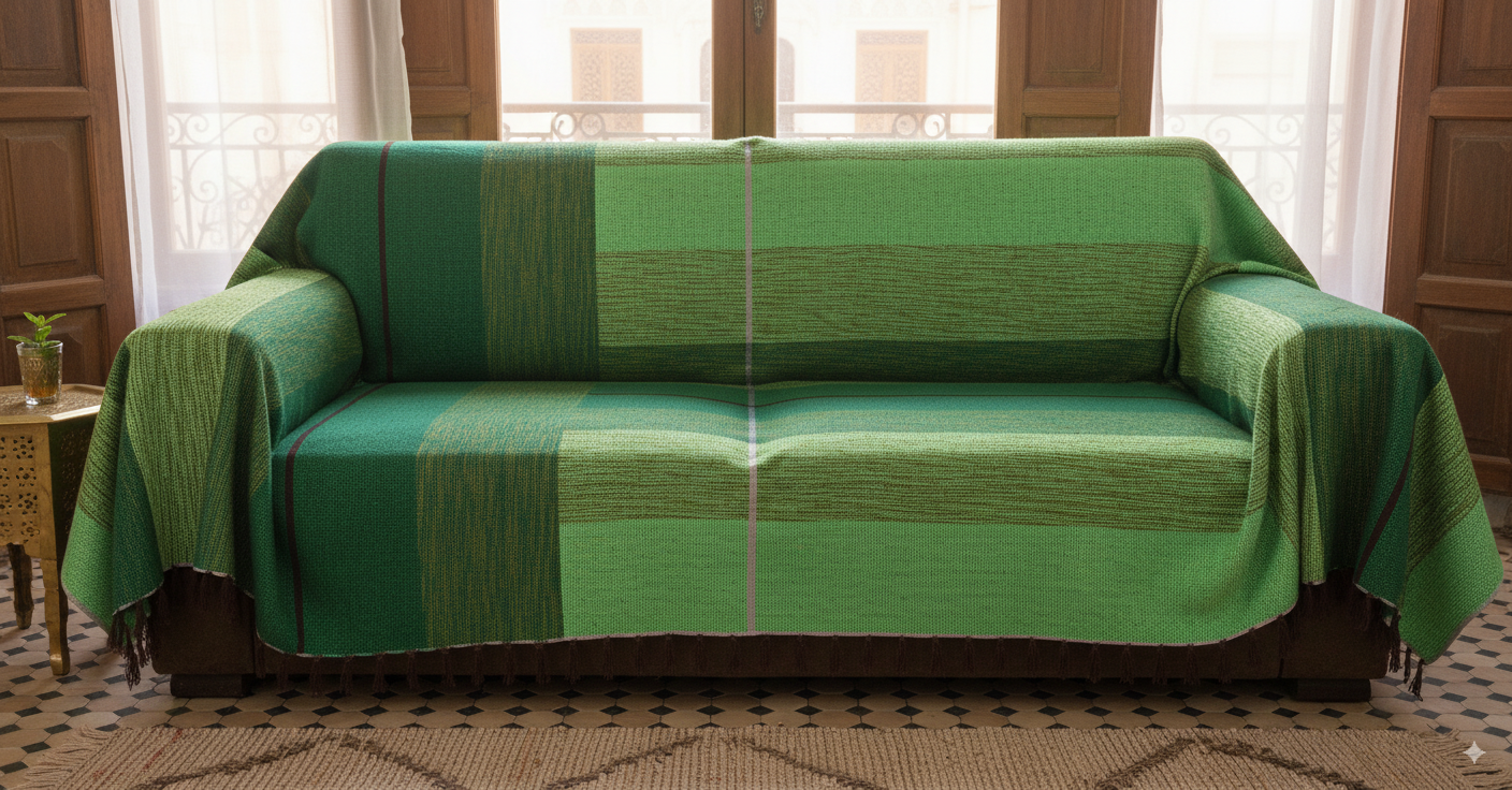 Moroccan Throw Bedspread Sofa Cover Green Handwoven Wool Sabra Silk 270 cm x 170 cm