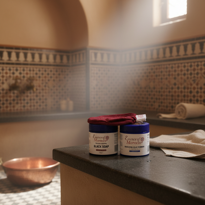 Moroccan Hammam Gift Set: Exfoliating Kessa Glove, Beldi Black Soap, Rhassoul Clay Powder