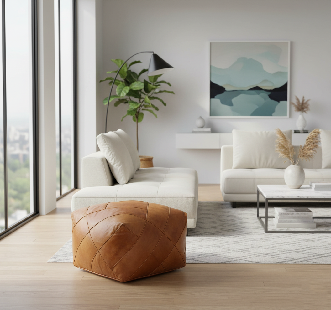 Moroccan XL Square Pouffe Pouf Footstool COVER ONLY or STUFFED Real Natural Tan Leather 60x60x45cm