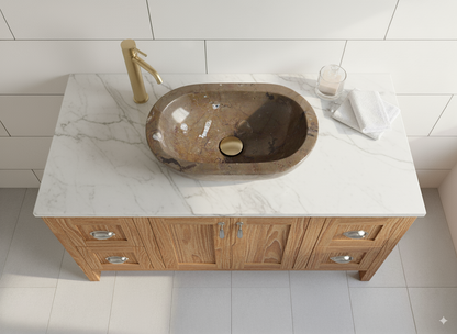 Moroccan Sink Washbasin Wash Basin Fossilised Marble Stone Oval Hand Carved Free Waste 45x30x10 cm  (SW727)