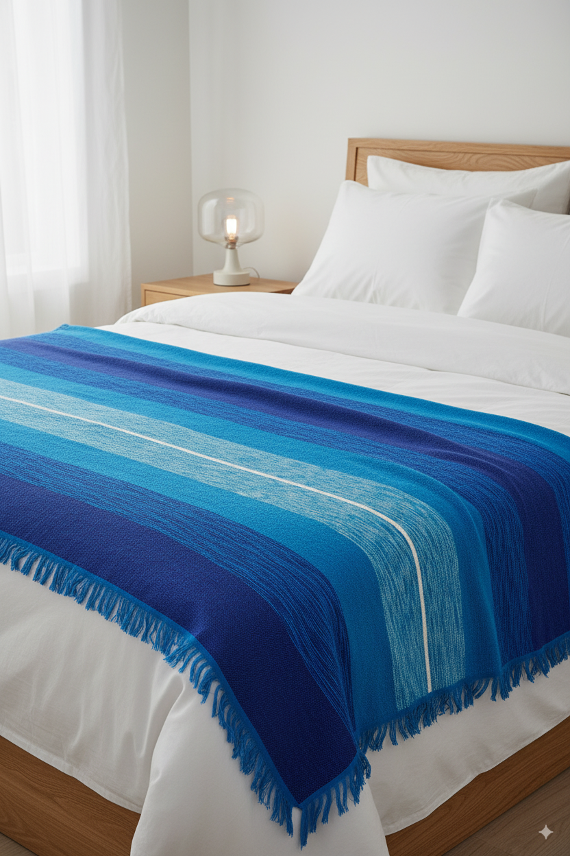 Moroccan Throw Bedspread Sofa Cover Blue Handwoven Wool Sabra Cactus Silk 270 cm x 170 cm