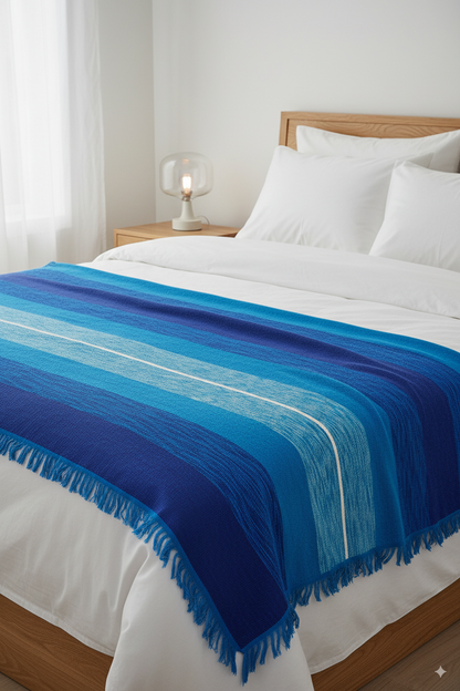 Moroccan Throw Bedspread Sofa Cover Blue Handwoven Wool Sabra Cactus Silk 270 cm x 170 cm