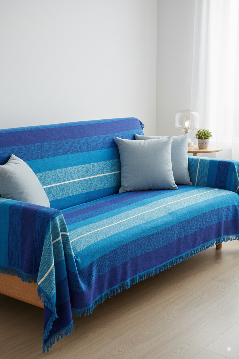 Moroccan Throw Bedspread Sofa Cover Blue Handwoven Wool Sabra Cactus Silk 270 cm x 170 cm