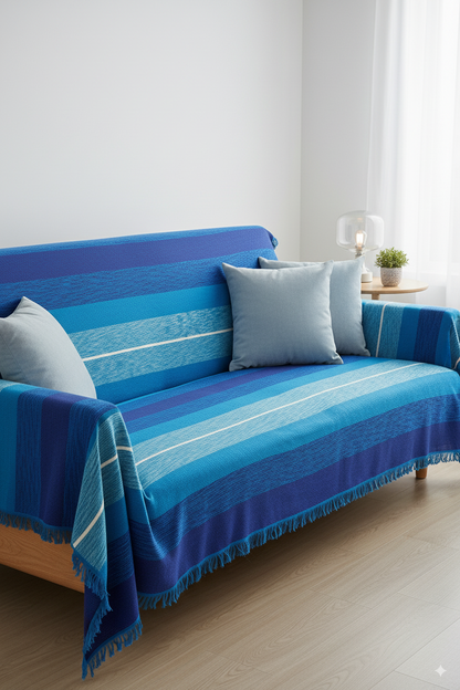 Moroccan Throw Bedspread Sofa Cover Blue Handwoven Wool Sabra Cactus Silk 270 cm x 170 cm