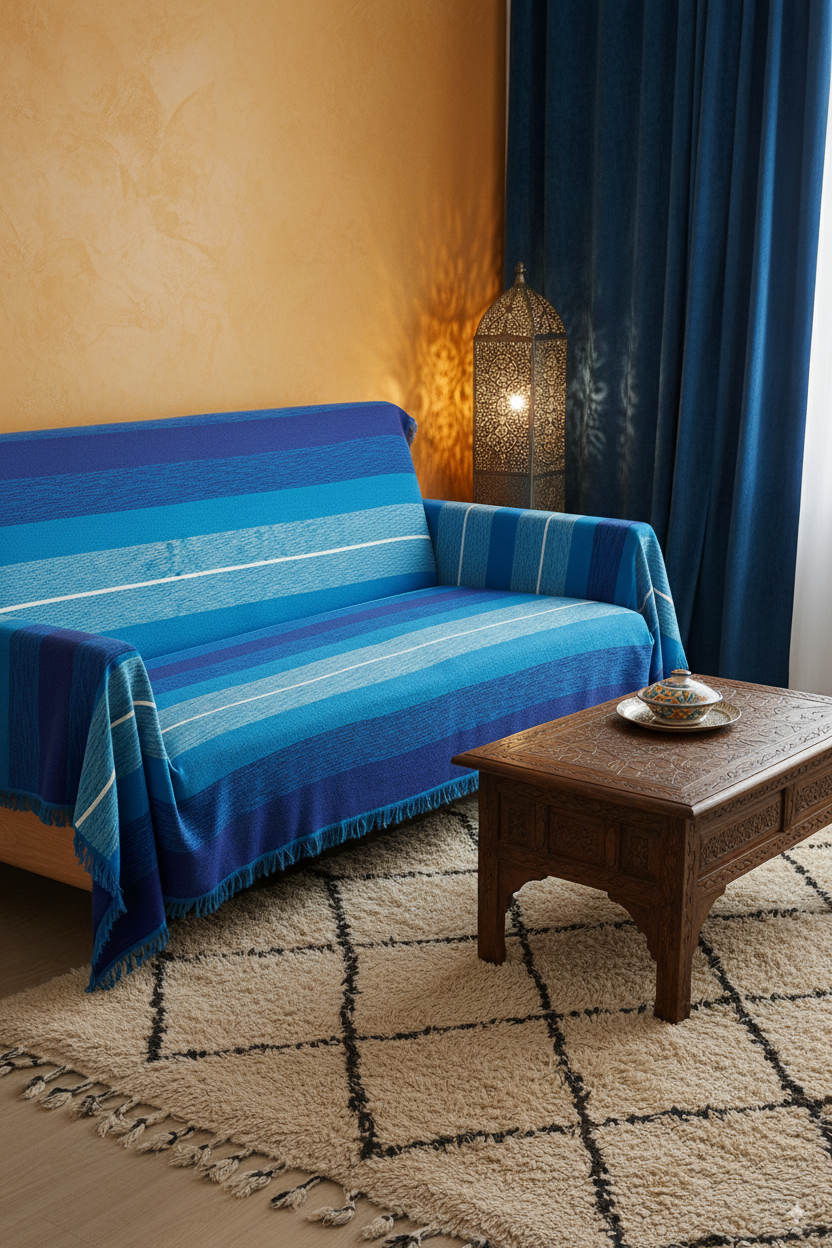 Moroccan Throw Bedspread Sofa Cover Blue Handwoven Wool Sabra Cactus Silk 270 cm x 170 cm