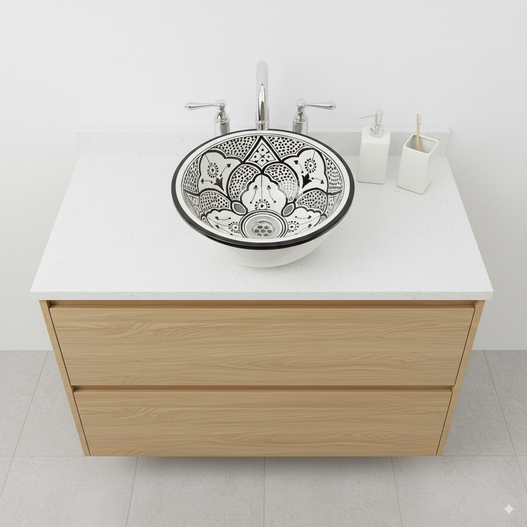 Moroccan Sink Washbasin Wash Basin Ceramic Handmade Black with Free Waste (SW50)