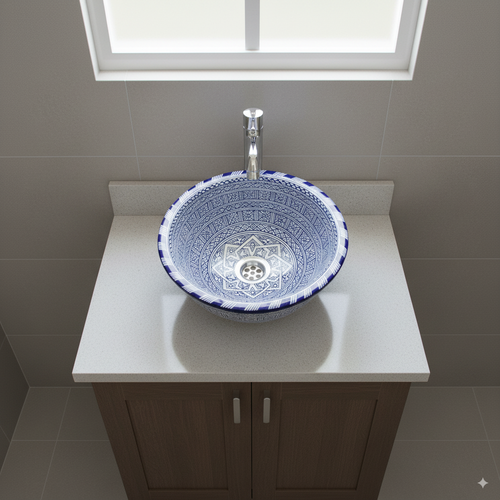 Moroccan Sink Washbasin Wash Basin Ceramic Handmade Blue with Free Waste (SW52)