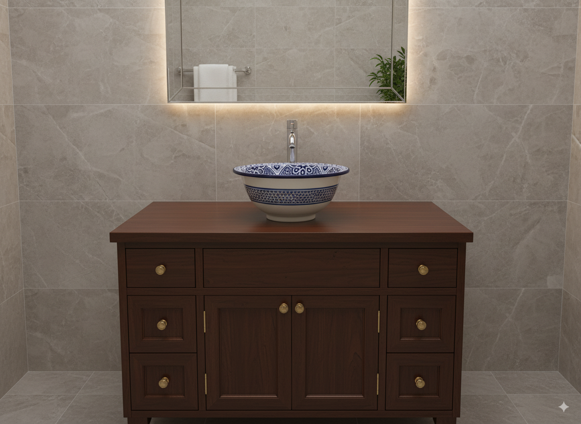 Moroccan Sink Washbasin Wash Basin Ceramic Handmade Blue Free Waste (SW108)