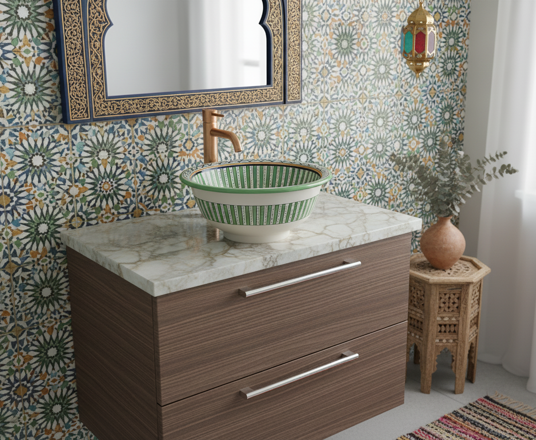 Moroccan Sink Washbasin Wash Basin Ceramic Handmade Green Free Waste (SW53)