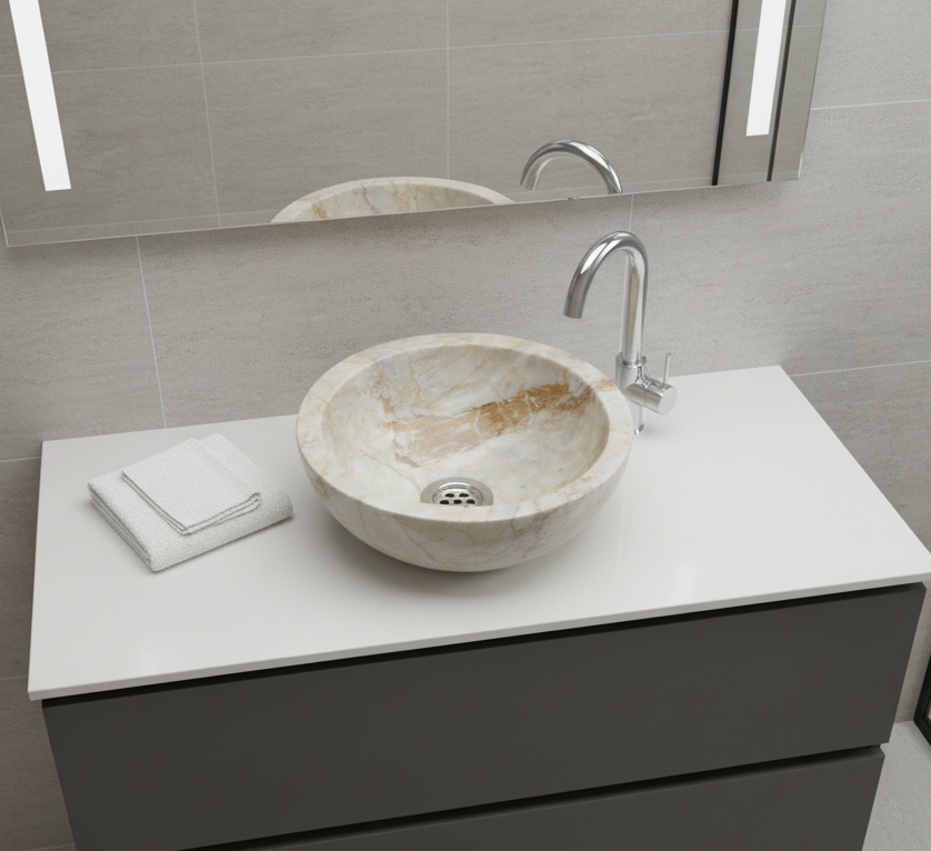 Moroccan Sink Washbasin Wash Basin Marble Stone Hand Carved Free Waste 31 cm (MS2)