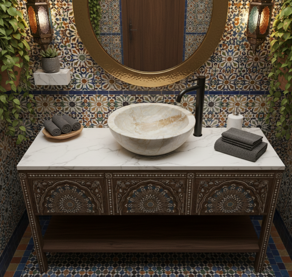 Moroccan Sink Washbasin Wash Basin Marble Stone Hand Carved Free Waste 31 cm (MS2)