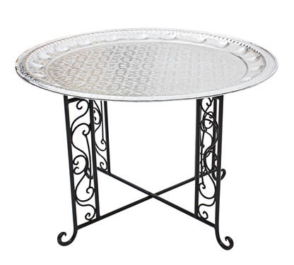 Moroccan Aluminium Tray Table with Foldable Wrought Iron Legs Diameter 75 cm. 29.5 inches Handmade Hand Engraved in Morocco ( ALT17WI)