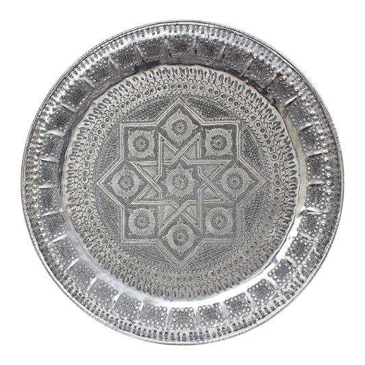 Moroccan Vintage Aluminium Tray or Table with Cedar Wood Legs Moucharaby Style. Handmade Hand Engraved Diameter 76cm. / 30 inches( ALT22)