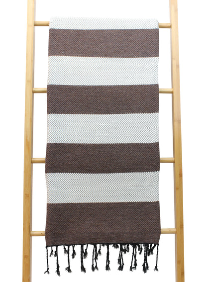 Moroccan Wool Blanket Throw Bed Runner Sofa Cover with Tassels Hand Loomed Stripy Taupe and White 263 x 152 cm / 103.5 x 60.2 inches