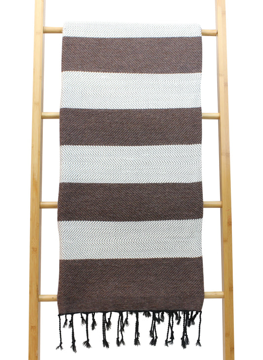 Moroccan Wool Blanket Throw Bed Runner Sofa Cover with Tassels Hand Loomed Stripy Taupe and White 263 x 152 cm / 103.5 x 60.2 inches