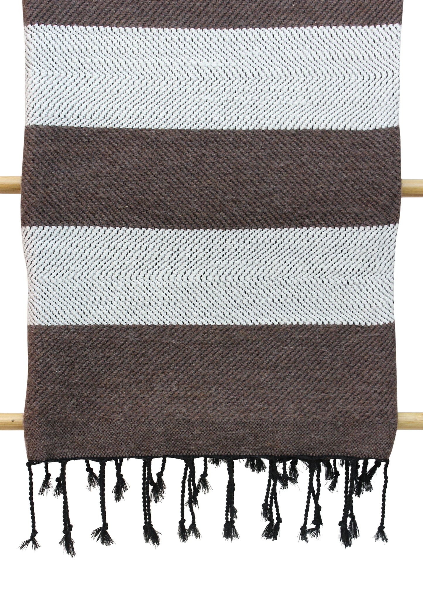 Moroccan Wool Blanket Throw Bed Runner Sofa Cover with Tassels Hand Loomed Stripy Taupe and White 263 x 152 cm / 103.5 x 60.2 inches