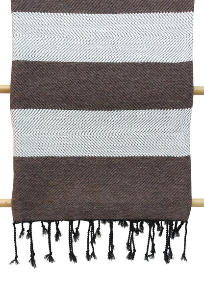 Moroccan Wool Blanket Throw Bed Runner Sofa Cover with Tassels Hand Loomed Stripy Taupe and White 263 x 152 cm / 103.5 x 60.2 inches