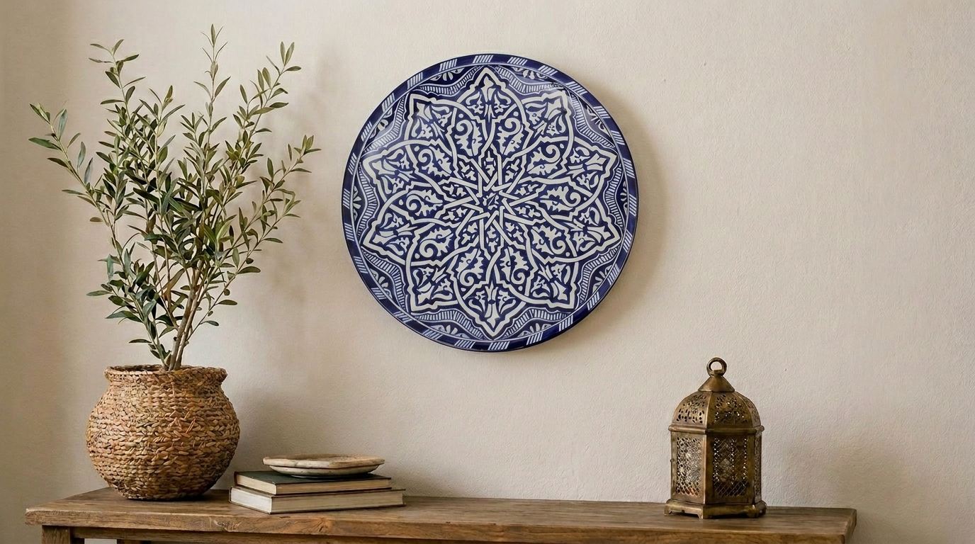 Large Moroccan Ceramic Plate / Serving Platter – Fes Blue and White – 35 cm (FP26)